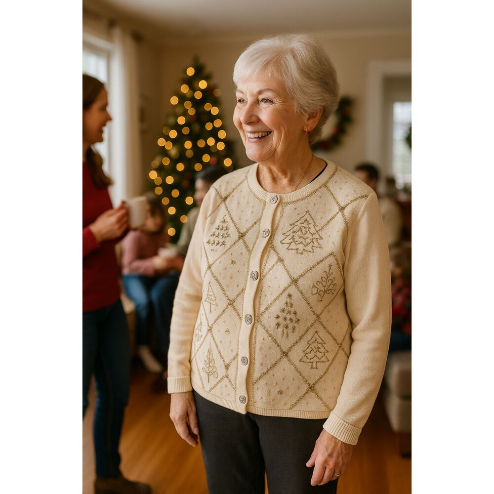 Designers Original Sweater XL Cream Beaded Embroidered Christmas Grandmacore